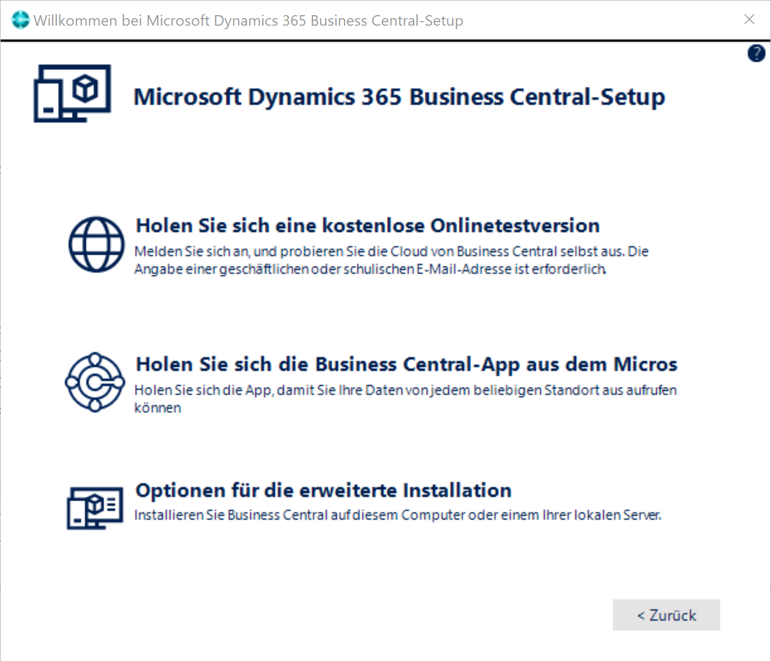 Dynamics 365 Business Central (Navision) Setup Fenster