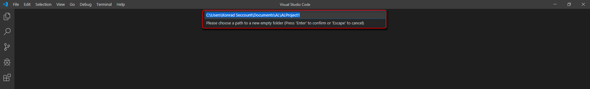Visual Studio Code - Auswahl des Pfades für ein neues Projekt
