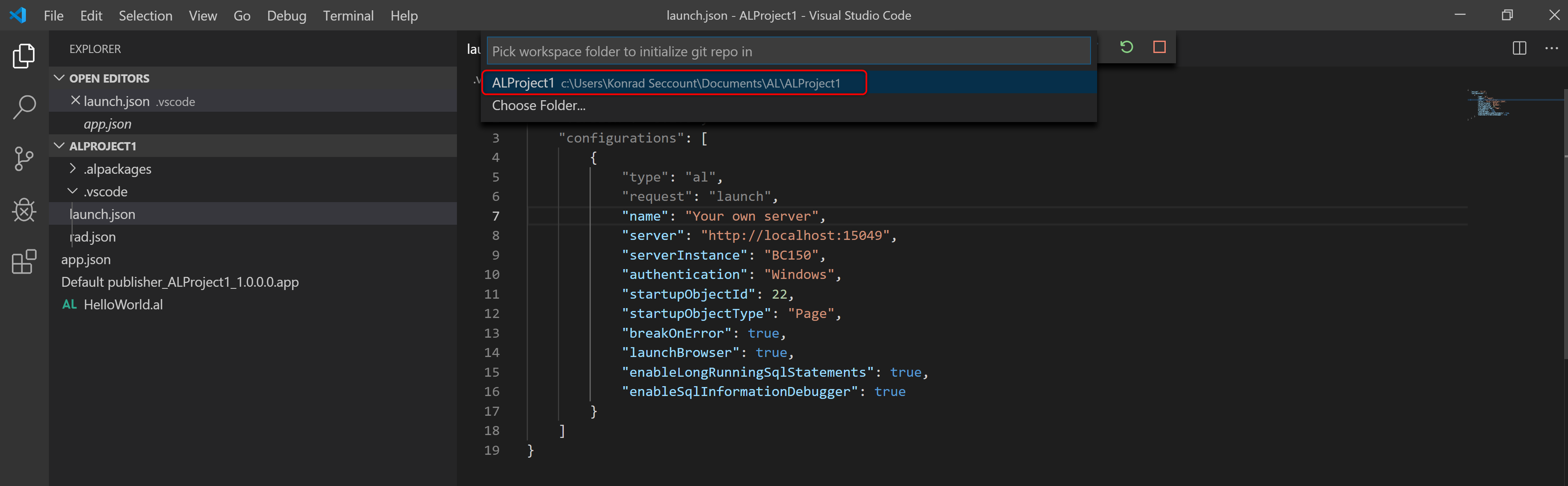 Visual Studio Code - Auswahl des Projektes zum Git repo